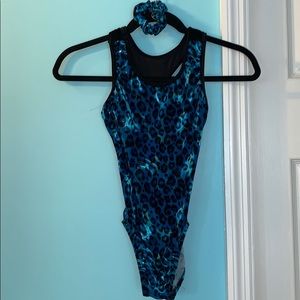 Blue leopard leotard with matching hair scrunchie